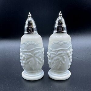 Imperial Milk Glass White and Silver Toned Salt and Pepper Shakers Leaf Grapes
